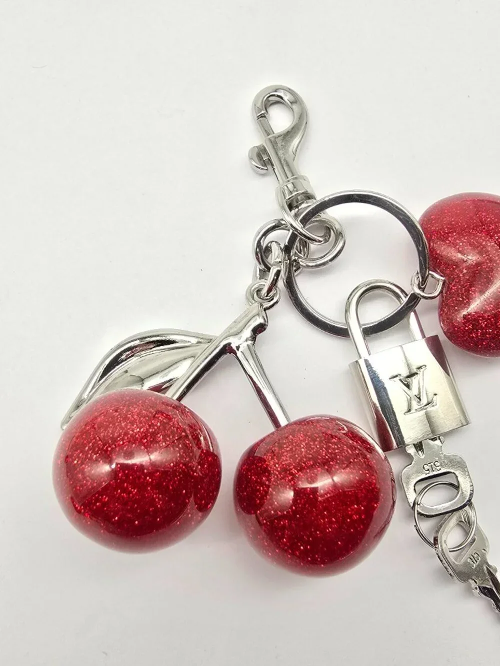 Authentic Louis Vuitton Silver Padlock with Unbranded Red Cherry Charm